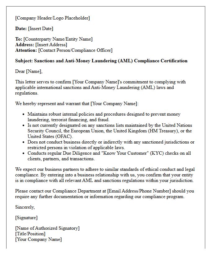 Sanctions and Anti-Money Laundering Compliance Letter