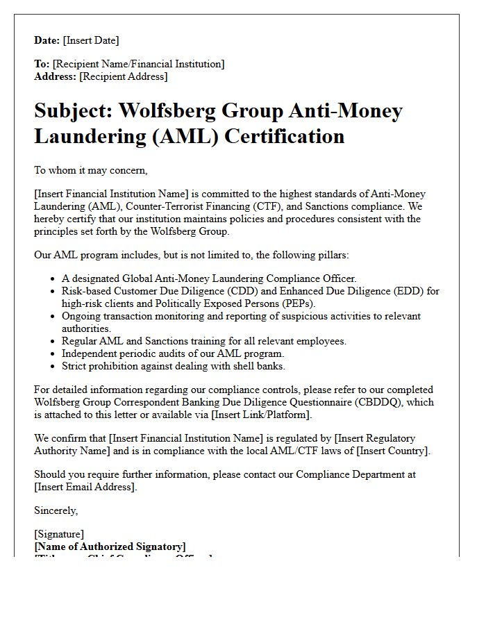Wolfsberg Group Anti-Money Laundering Certification Letter