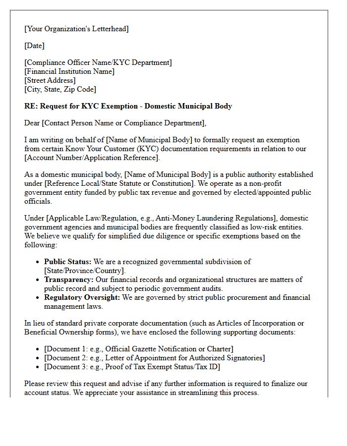 Domestic Municipal Body Know Your Customer Policy Exemption Request Letter