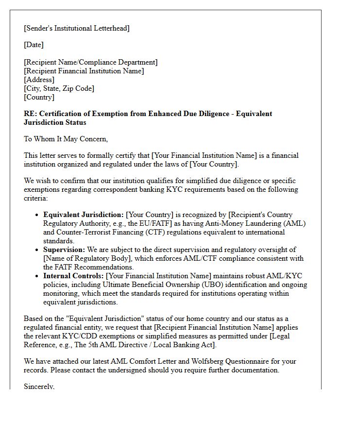 Equivalent Jurisdiction Correspondent Banking Know Your Customer Exemption Letter