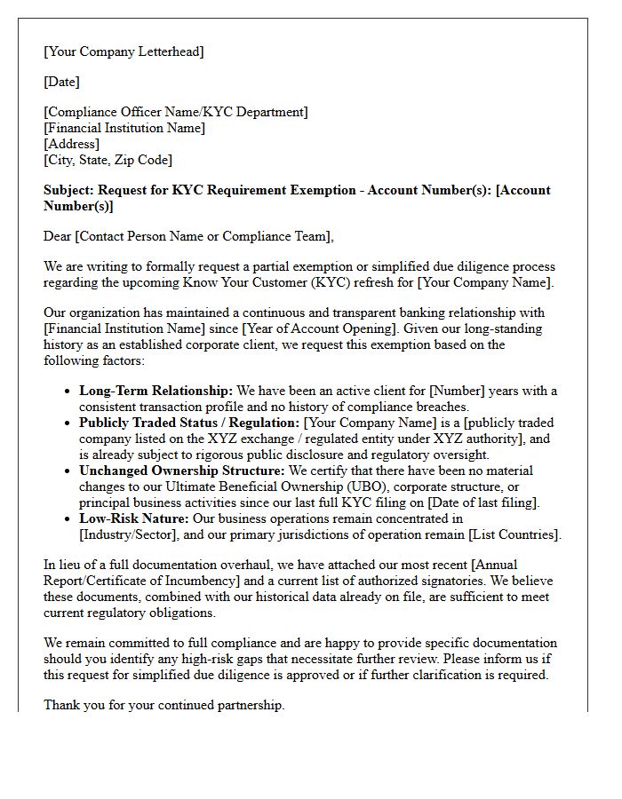 Established Long-Term Corporate Client Know Your Customer Policy Exemption Request Letter