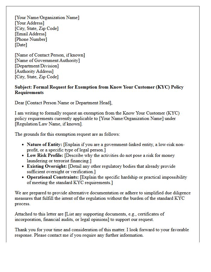Government Authority Know Your Customer Policy Exemption Request Letter