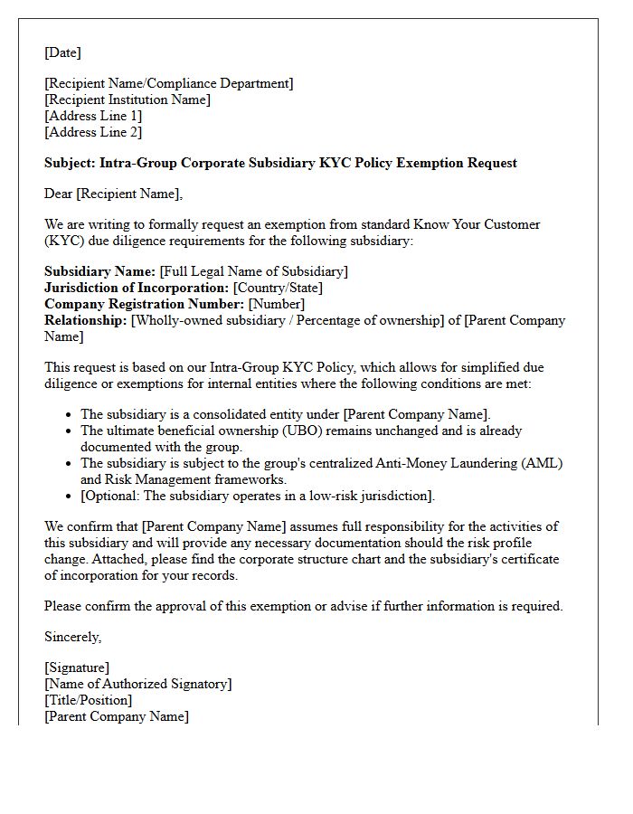 Intra-Group Corporate Subsidiary Know Your Customer Policy Exemption Request Letter