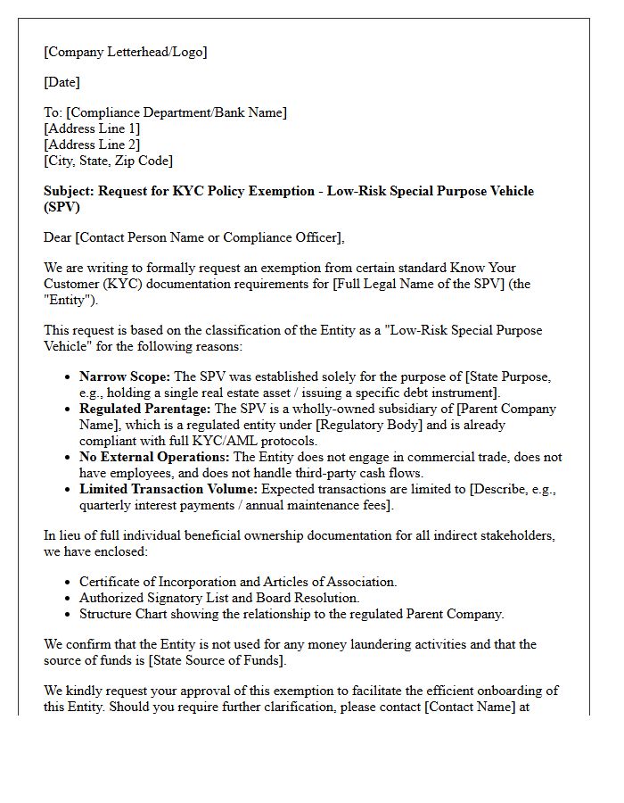 Low-Risk Special Purpose Vehicle Know Your Customer Policy Exemption Request Letter