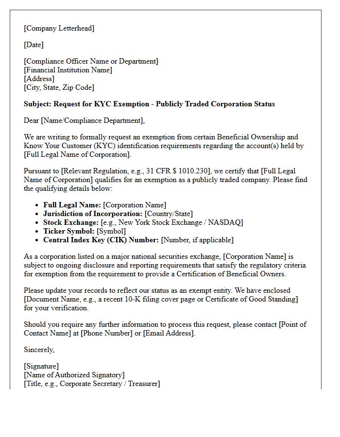 Publicly Traded Corporation Know Your Customer Policy Exemption Request Letter