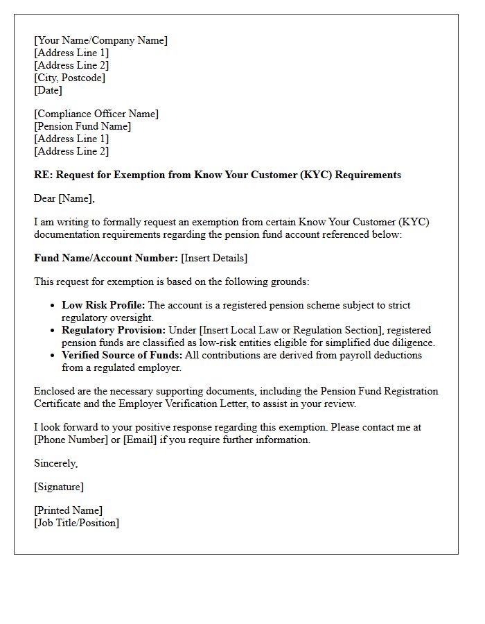 Registered Pension Fund Know Your Customer Policy Exemption Request Letter