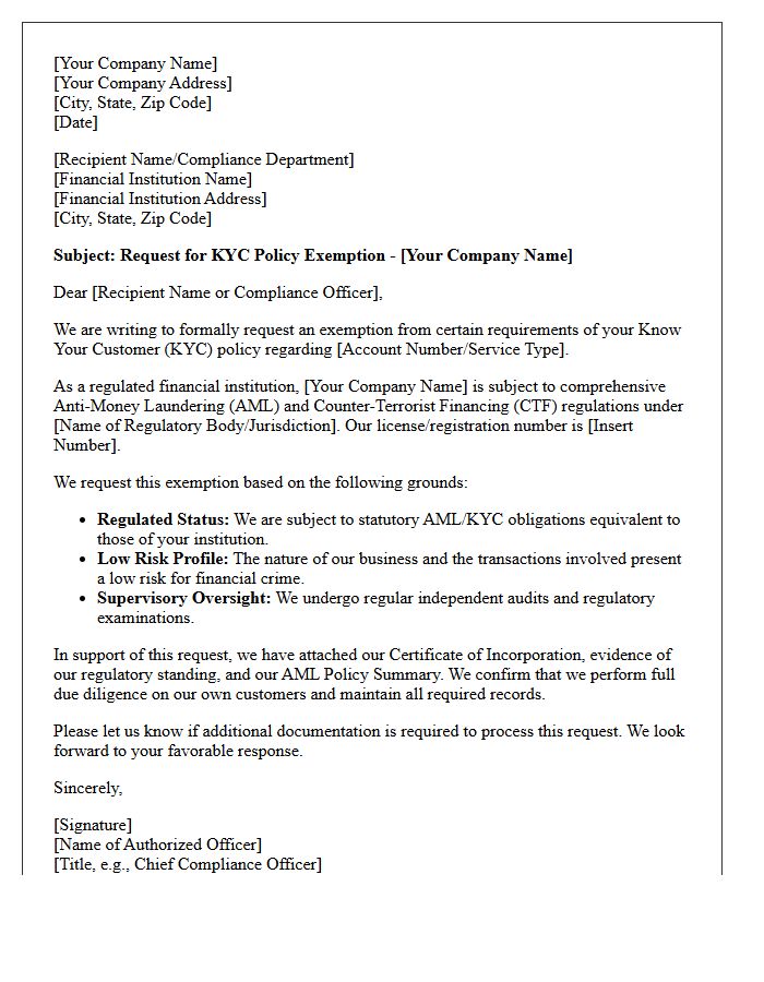 Regulated Financial Institution Know Your Customer Policy Exemption Request Letter