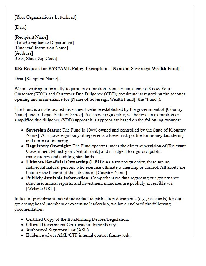 Sovereign Wealth Fund Know Your Customer Policy Exemption Request Letter