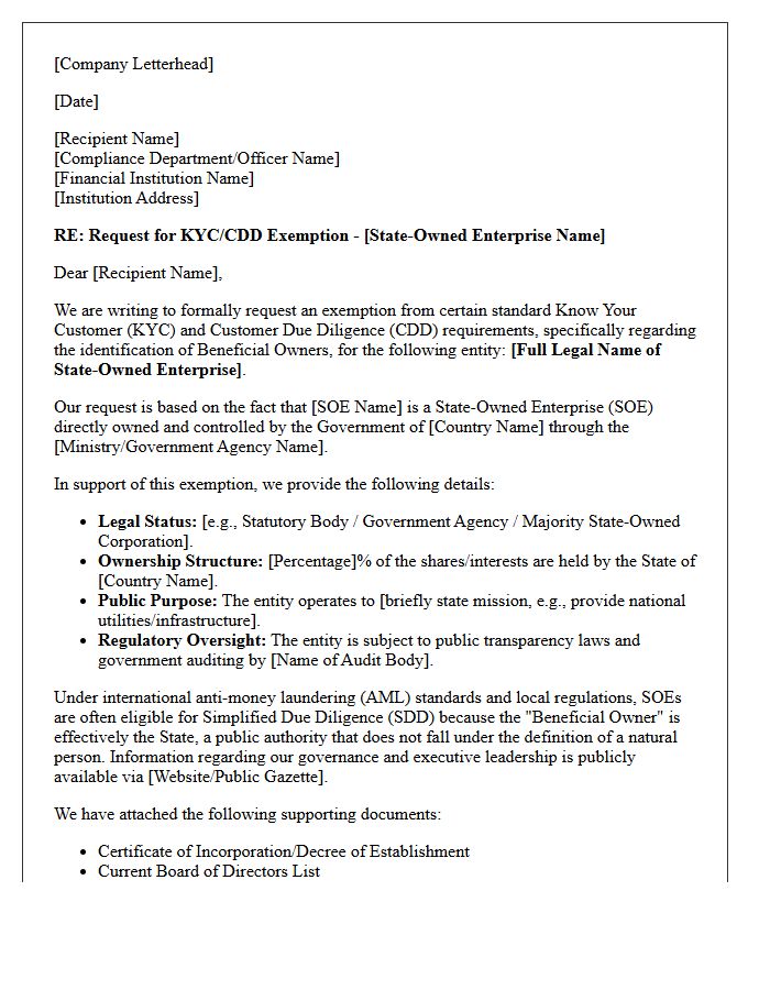 State-Owned Enterprise Know Your Customer Policy Exemption Request Letter