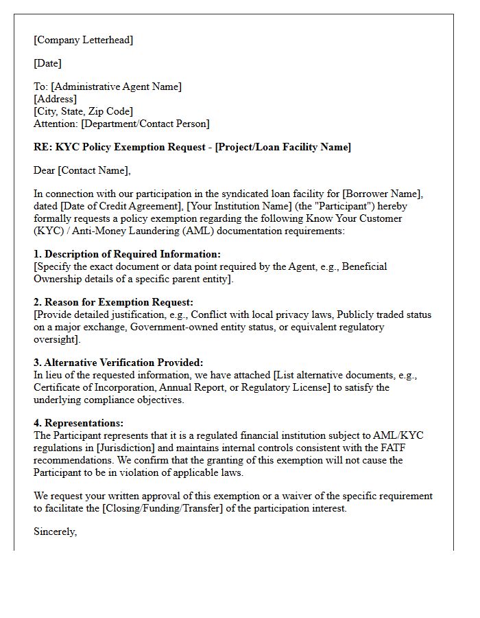 Syndicated Loan Participant Know Your Customer Policy Exemption Request Letter