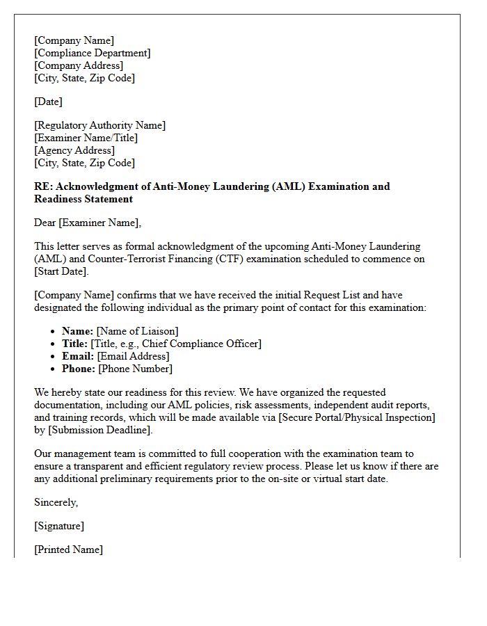 Anti-Money Laundering Examination Readiness Acknowledgment Letter