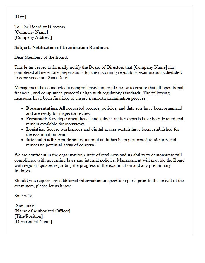 Board of Directors Examination Readiness Notification Letter