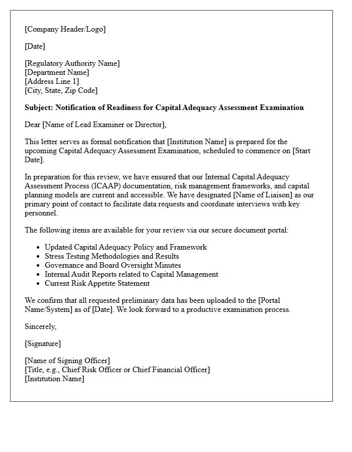 Capital Adequacy Assessment Examination Readiness Letter