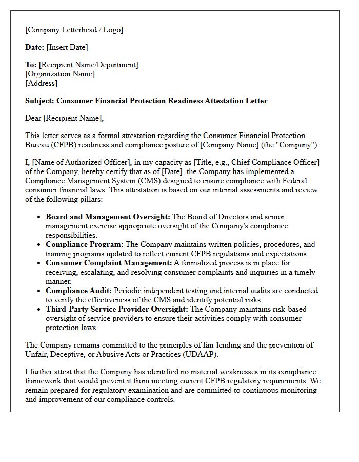 Consumer Financial Protection Readiness Attestation Letter