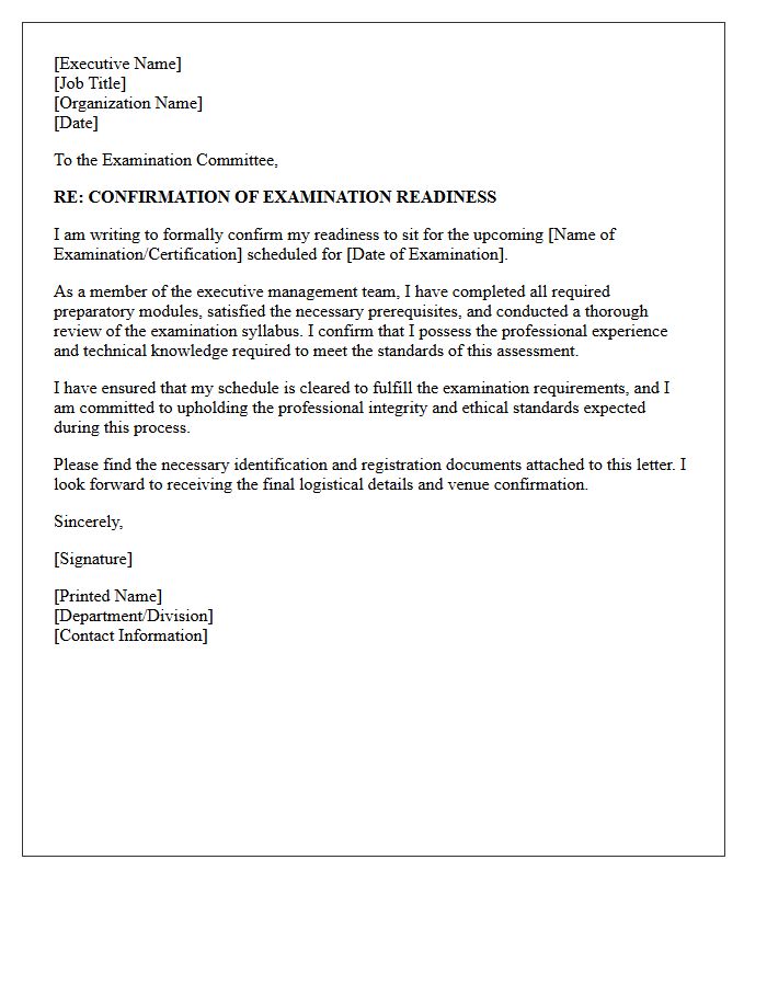 Executive Management Examination Readiness Confirmation Letter