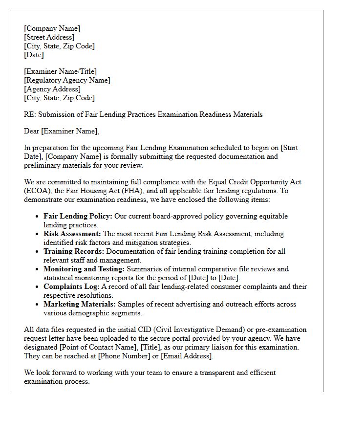 Fair Lending Practices Examination Readiness Submission Letter