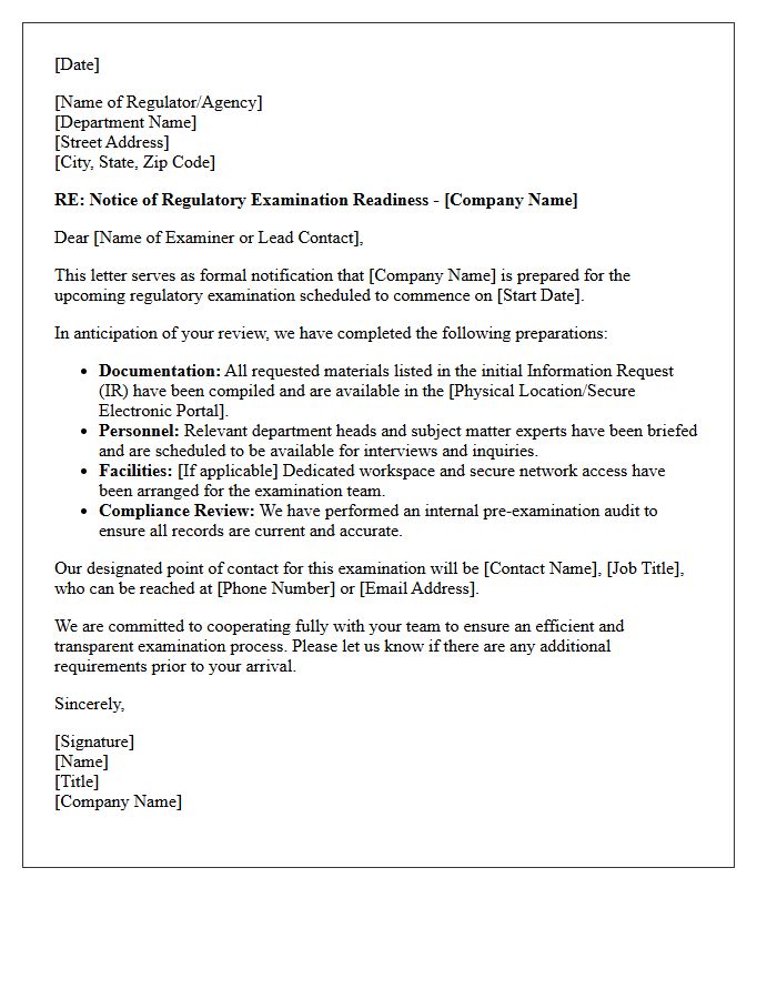 Notice of Regulatory Examination Readiness Letter