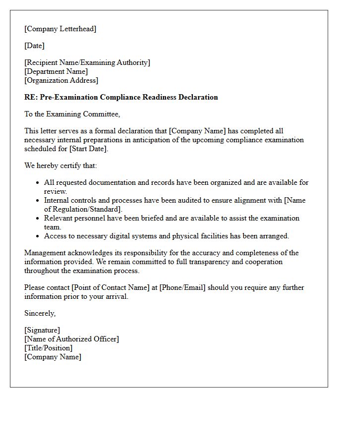 Pre-Examination Compliance Readiness Declaration Letter