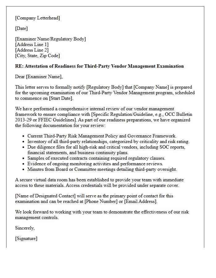 Third-Party Vendor Management Examination Readiness Letter