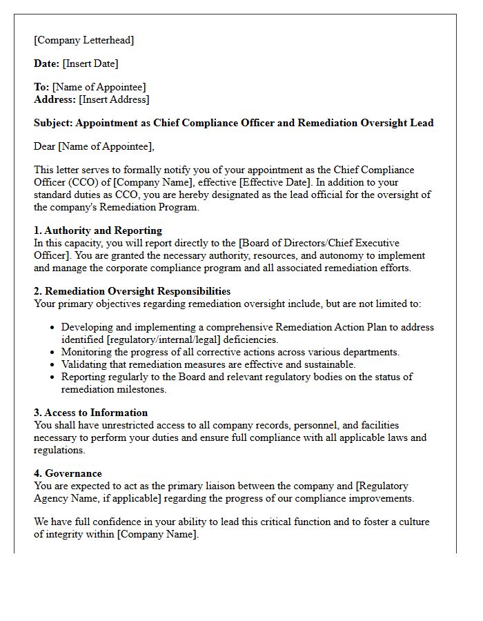 Appointment of Chief Compliance Officer and Remediation Oversight Letter