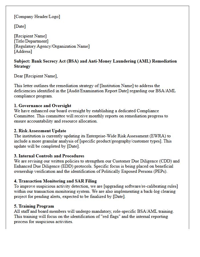 Bank Secrecy Act and Anti-Money Laundering Remediation Strategy Letter