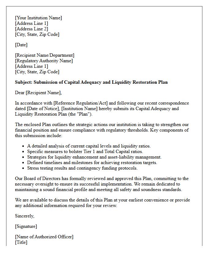 Capital Adequacy and Liquidity Restoration Plan Submission Letter