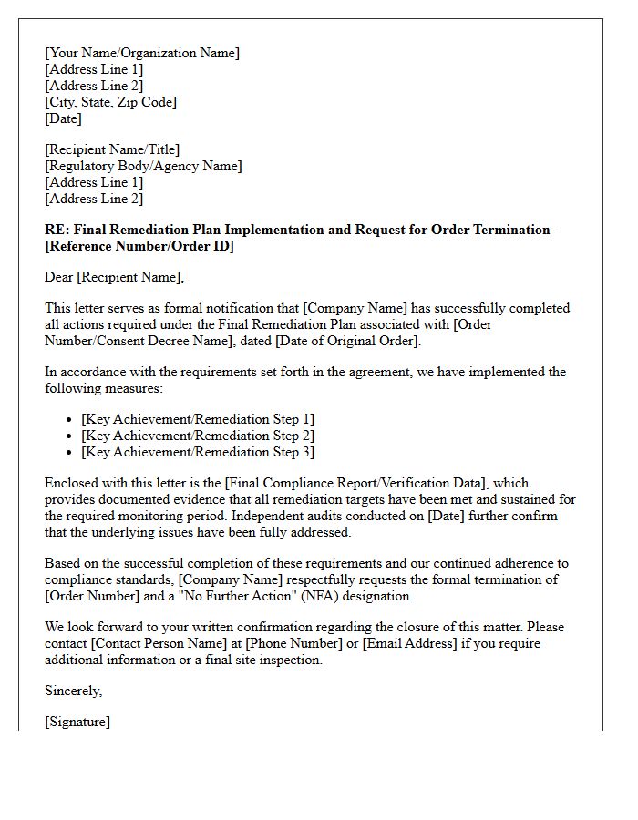 Final Remediation Plan Implementation and Order Termination Request Letter