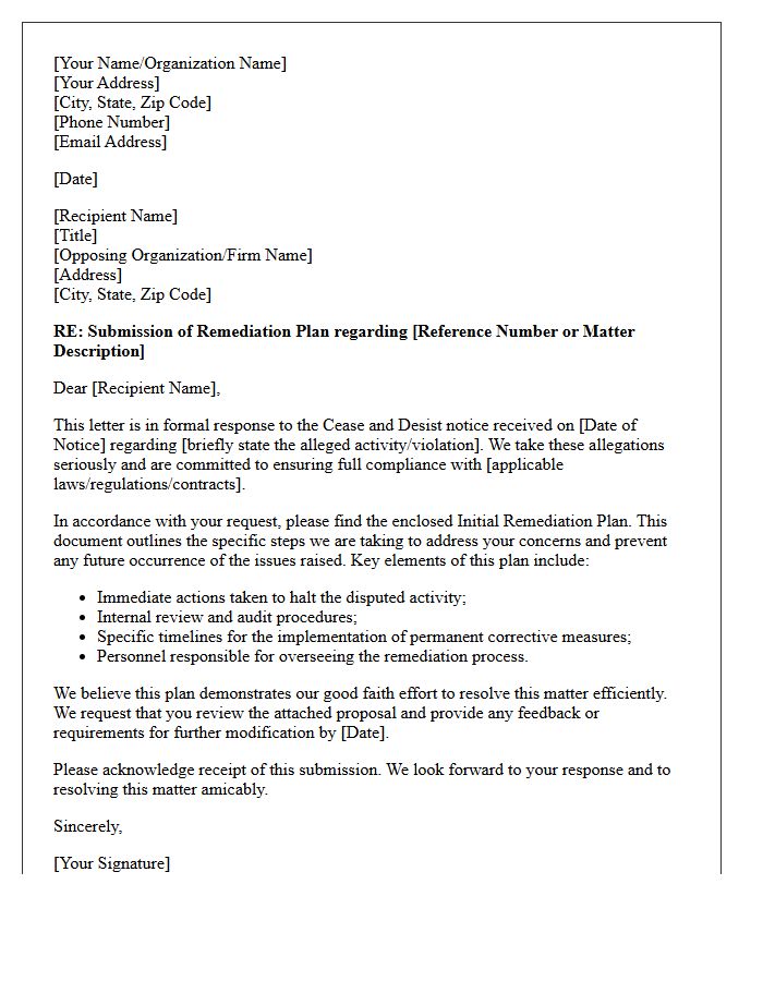 Initial Cease and Desist Remediation Plan Submission Letter