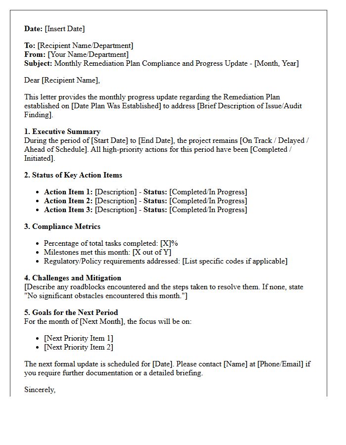 Monthly Remediation Plan Compliance and Progress Update Letter