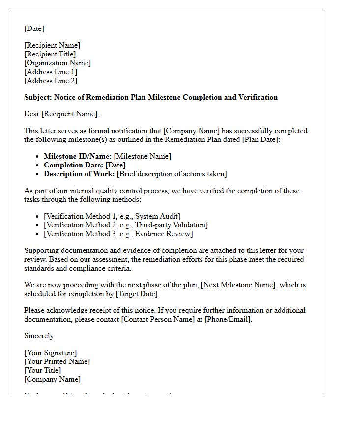 Notice of Remediation Plan Milestone Completion and Verification Letter