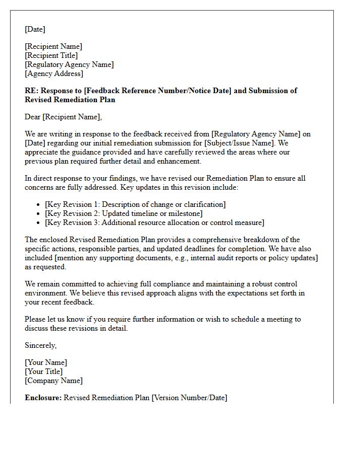 Regulatory Feedback Response and Remediation Plan Revision Letter