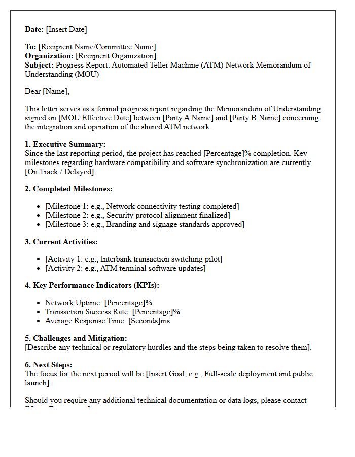 Automated Teller Machine Network Memorandum of Understanding Progress Report Letter