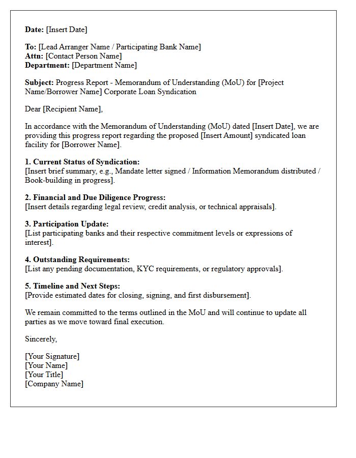 Corporate Loan Syndication Memorandum of Understanding Progress Report Letter