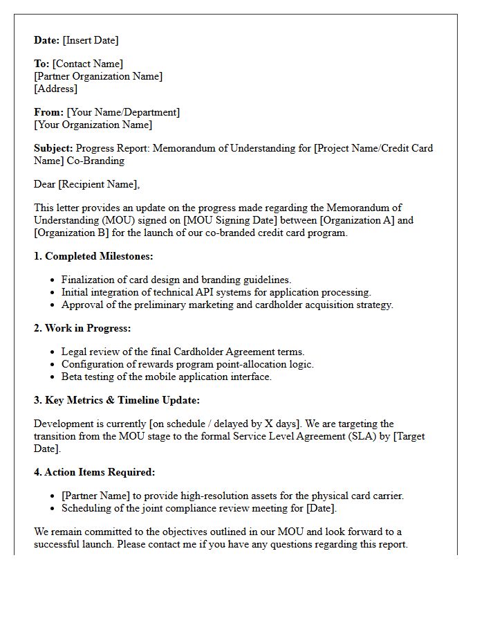 Credit Card Co-Branding Memorandum of Understanding Progress Report Letter
