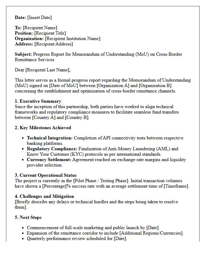 Cross-Border Remittance Memorandum of Understanding Progress Report Letter