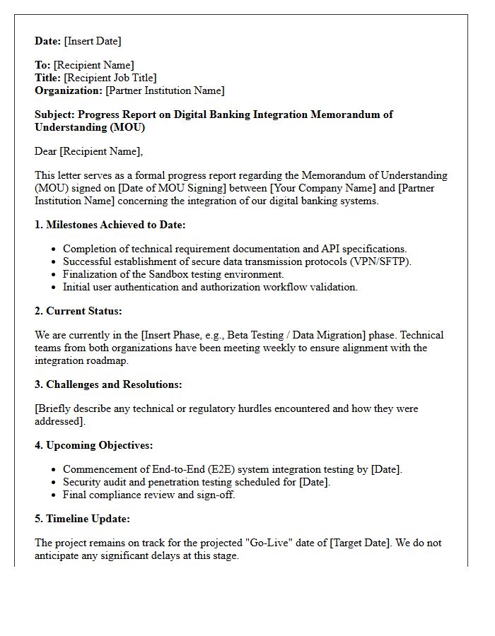Digital Banking Integration Memorandum of Understanding Progress Report Letter