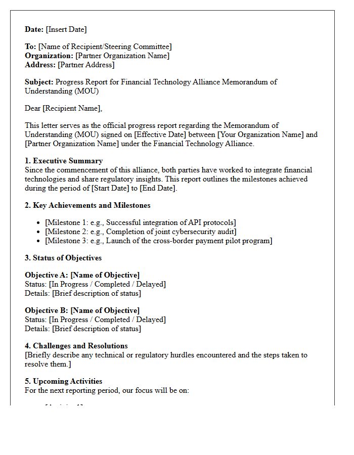 Financial Technology Alliance Memorandum of Understanding Progress Report Letter