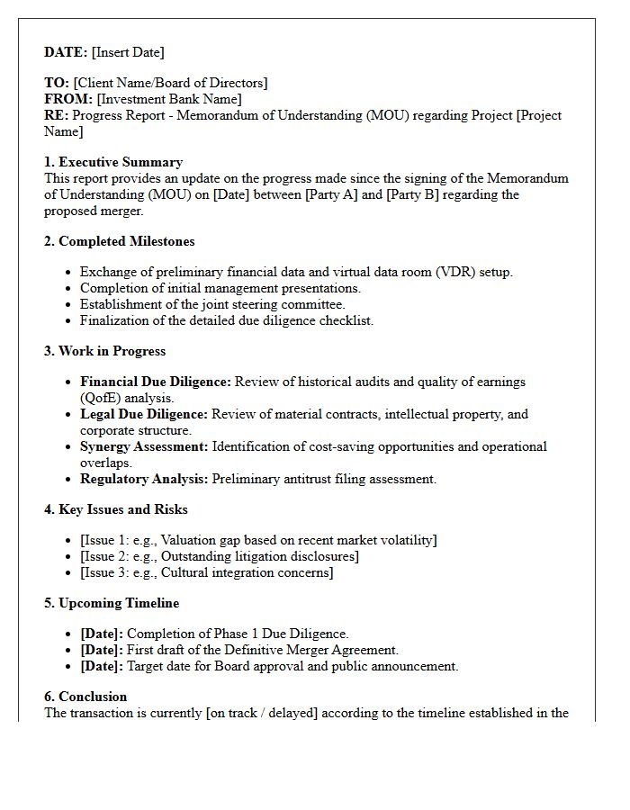 Investment Banking Merger Memorandum of Understanding Progress Report Letter
