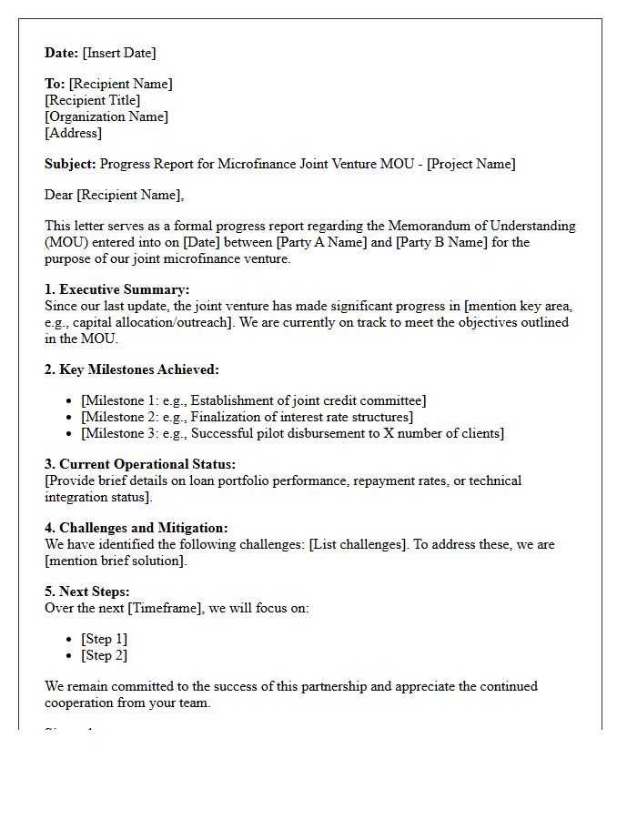 Microfinance Joint Venture Memorandum of Understanding Progress Report Letter