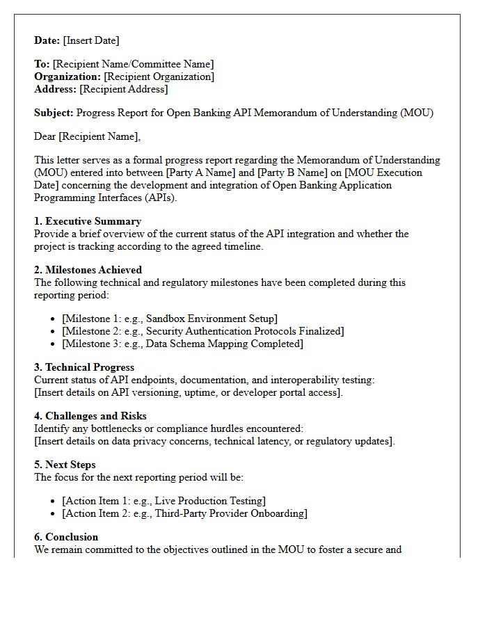 Open Banking Application Programming Interface Memorandum of Understanding Progress Report Letter