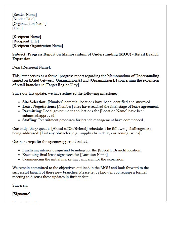 Retail Branch Expansion Memorandum of Understanding Progress Report Letter