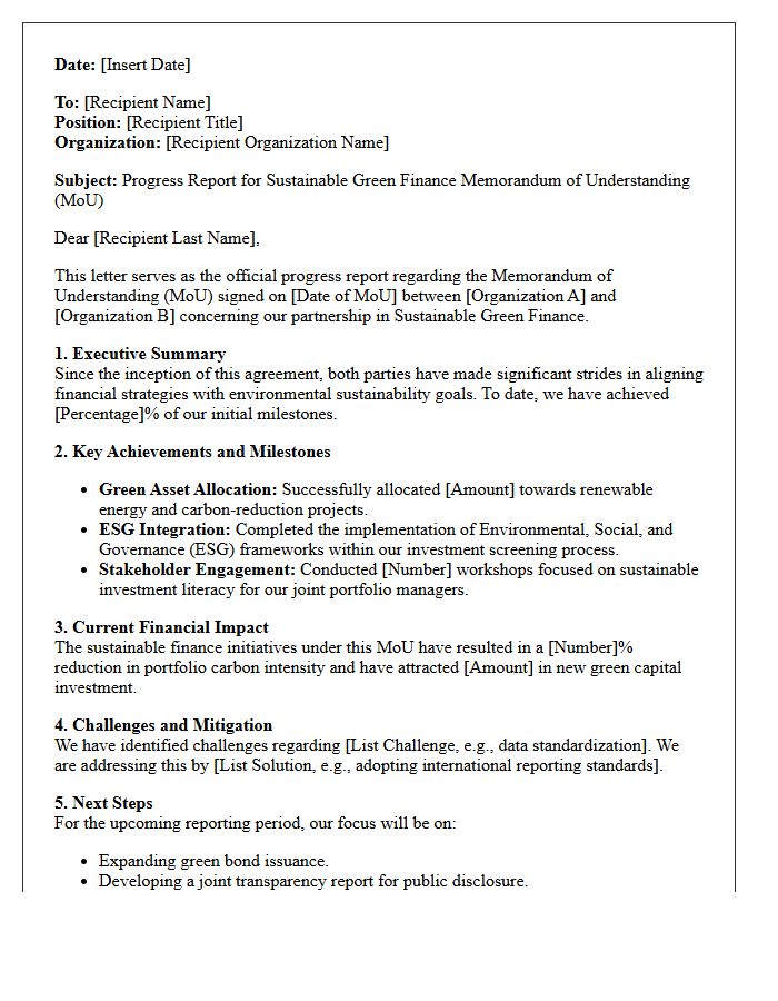 Sustainable Green Finance Memorandum of Understanding Progress Report Letter