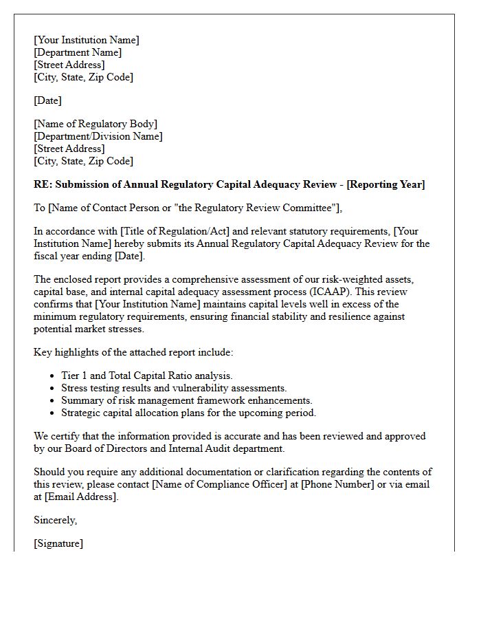Annual Regulatory Capital Adequacy Review Cover Letter