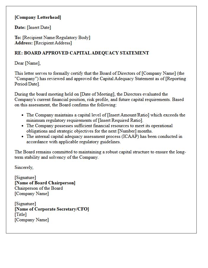 Board Approved Capital Adequacy Statement Letter
