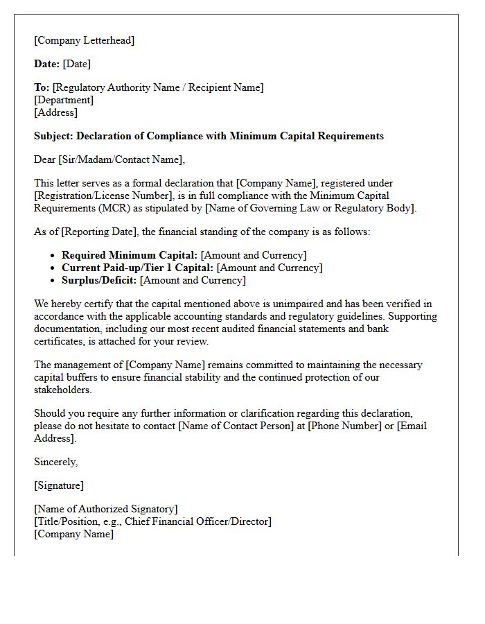 Minimum Capital Requirement Compliance Declaration Letter