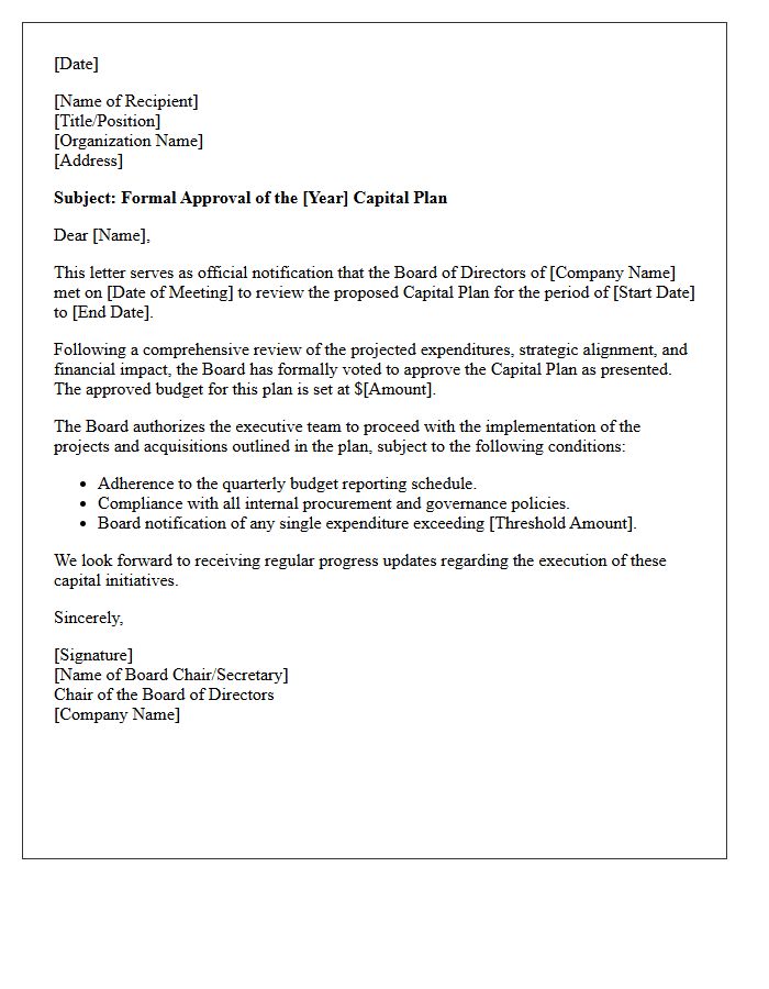 Board of Directors Capital Plan Approval Letter