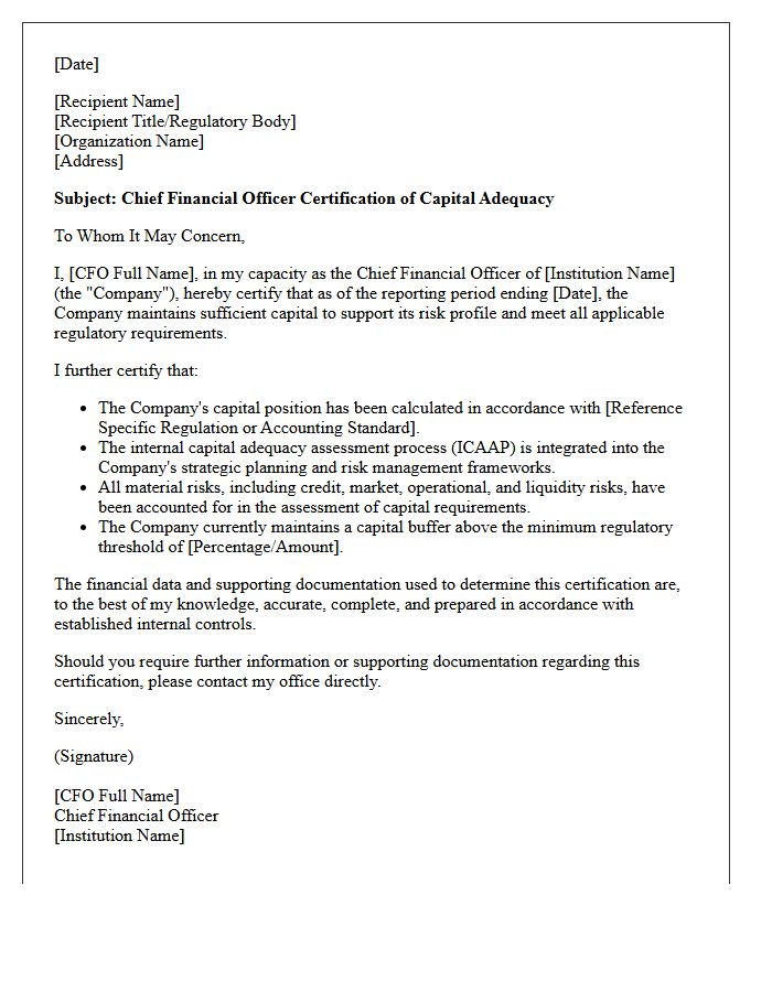 Chief Financial Officer Capital Adequacy Certification Letter