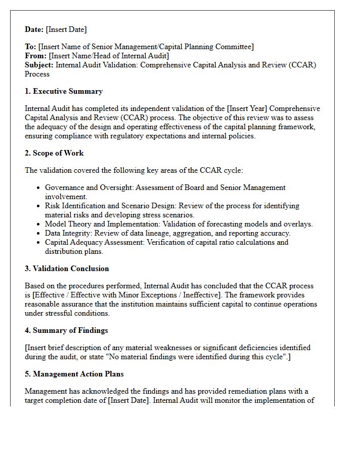 Internal Audit CCAR Process Validation Letter
