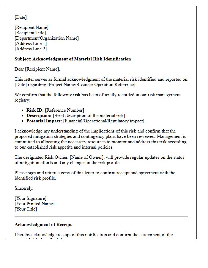 Material Risk Identification Acknowledgment Letter