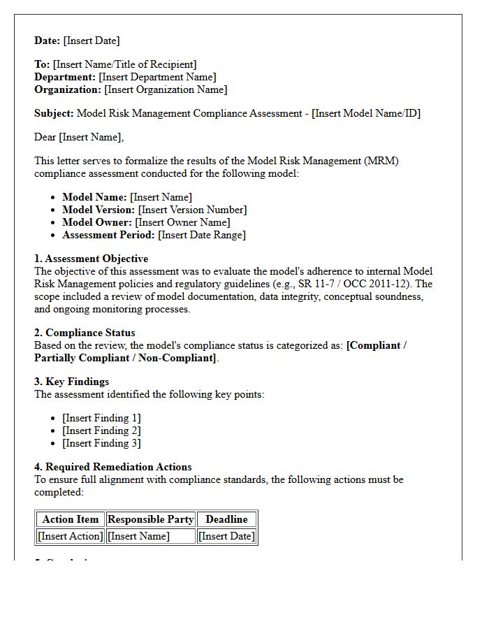 Model Risk Management Compliance Assessment Letter